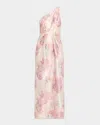 Aidan Mattox Pleated One-shoulder Metallic Jacquard Gown In Pink Multi