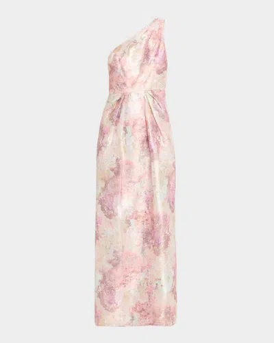 Aidan Mattox Pleated One-shoulder Metallic Jacquard Gown In Pink Multi