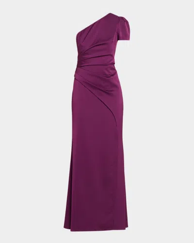 Aidan Mattox Pleated One-shoulder Crepe Back Satin Gown In Purple
