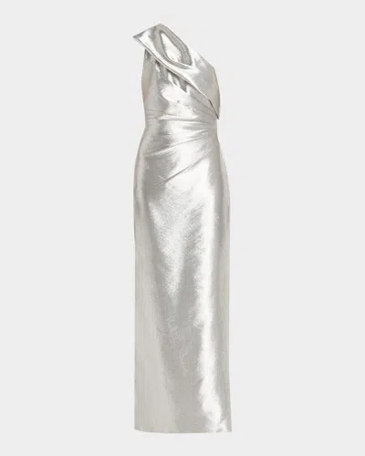 Aidan Mattox Pleated One-shoulder Metallic Jacquard Gown In White