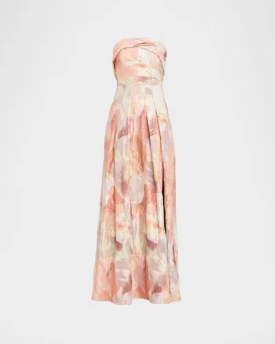 Aidan Mattox Strapless Floral Print Metallic Jacquard Gown In Pink