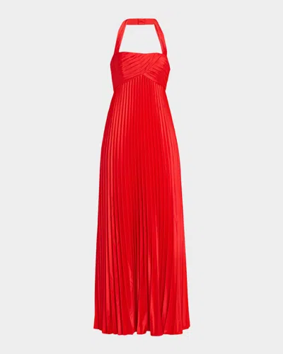 Aidan Mattox Pleated Stretch Charmeuse Halter Gown In Red