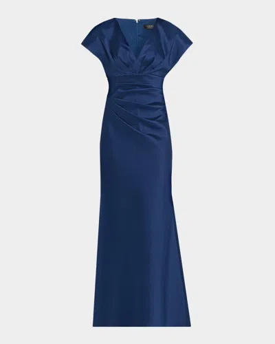Aidan Mattox Pleated Stretch Mikado Mermaid Gown In Blue