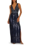 Aidan Mattox Plunge Neck Beaded Gown In Black