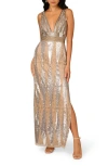 Aidan Mattox Beaded Deep V-neck Column Gown In Brown