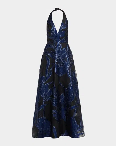 Aidan Mattox Plunging Metallic Organza Jacquard Gown In Blue