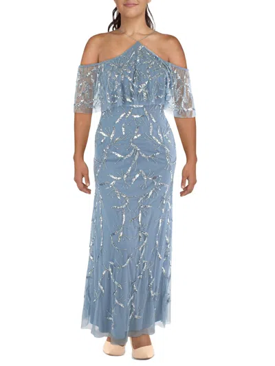 Aidan Mattox Plus Womens Mesh Embellished Evening Dress In Blue