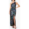 Aidan Mattox Print Belted Jacquard One-shoulder Gown In Blue