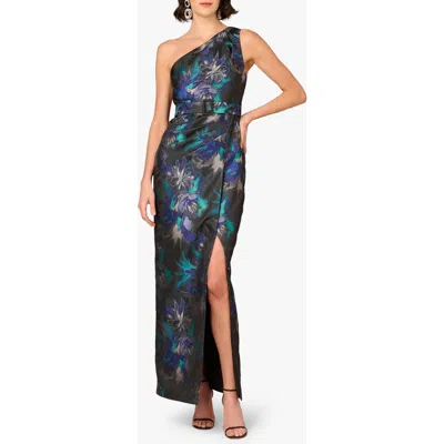 Aidan Mattox Print Belted Jacquard One-shoulder Gown