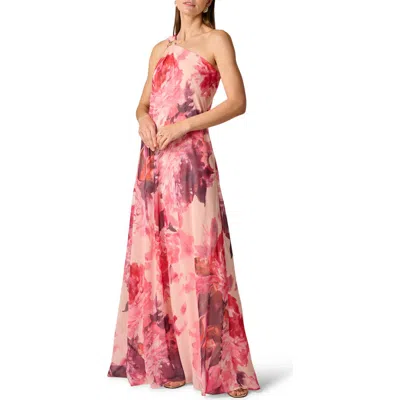 Aidan Mattox One Shoulder Peony Floral Chiffon Scarf Gown In Pink Multi