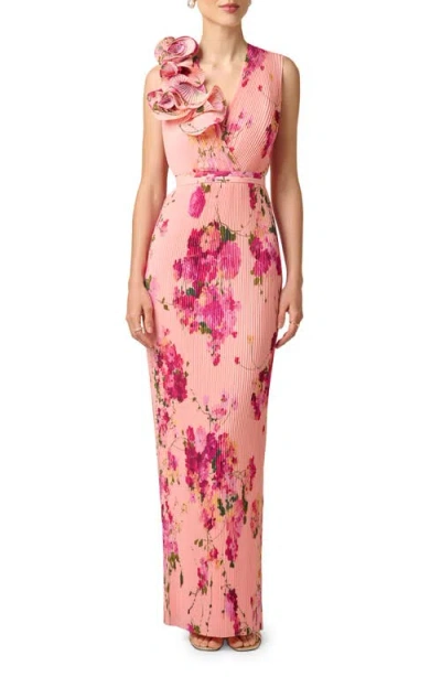 Aidan Mattox Print Plissé Sleeveless Gown In Pink