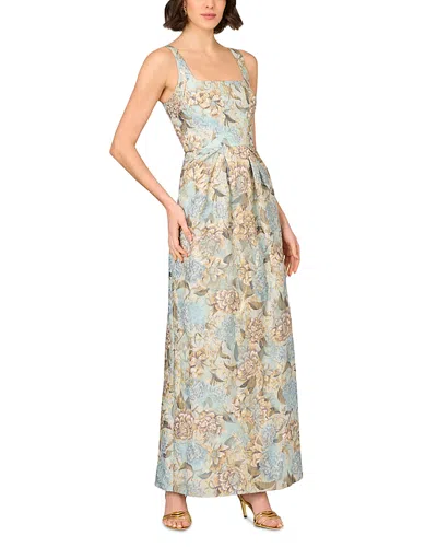 Aidan Mattox Printed Jacquard Dress In Blue/gold