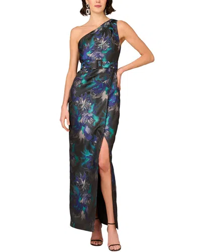 Aidan Mattox One Shoulder Floral Jacquard Belted Gown In Blue Multi