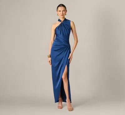 Aidan Mattox Satin Asymmetrical Draped Hardware Halter Gown In Navy In Blue