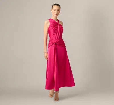 Aidan Mattox Satin Asymmetrical Knotted Drape Ankle Length Dress In Bright Rose In Pink