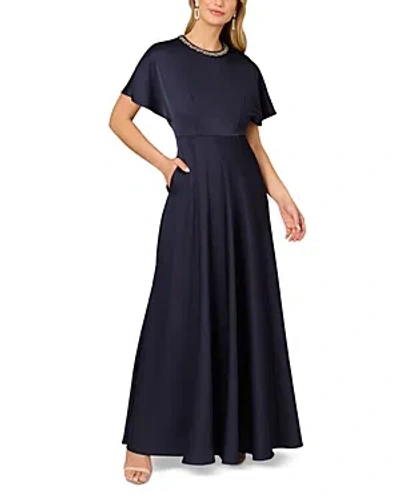 Aidan Mattox Satin Beaded Dolman Sleeve Gown In Black