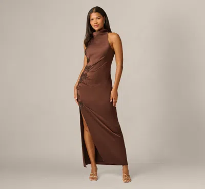 Aidan Mattox Satin Beaded Soutache Cowl Halter Gown In Espresso In Brown