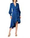 Aidan Mattox High-low Crepe Back Satin Midi Wrap Dress In Deep Ocean