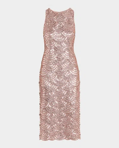 Aidan Mattox Scalloped Bead & Crystal Midi Sheath Dress In Gold