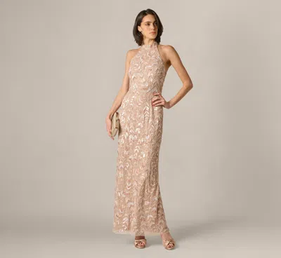 Aidan Mattox Sequin Beaded Leaf Halter Gown In Rose Quartz In Multi