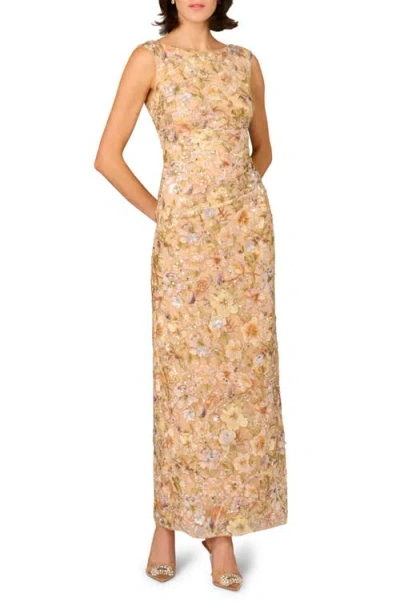 Aidan Mattox Sequin Floral Appliqué Sheath Gown In Gold