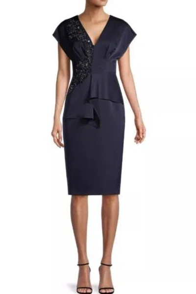Pre-owned Aidan Mattox Sequin Lace Applique V-neck Cap Sleeve Peplum Satin Dress In Navy