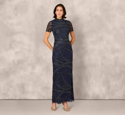 Aidan Mattox Short Sleeve Beaded Column Gown In Navy In Blue