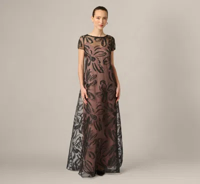 Aidan Mattox Short Sleeve Botanical Organza Jacquard Gown In Black