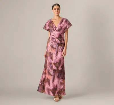 Aidan Mattox Short Sleeve Organza Jacquard Draped Plunge Gown In Berry Multi In Pink
