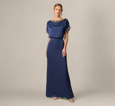 Aidan Mattox Short Sleeve Satin Beaded Detail Blouson Gown In Dark Navy In Blue