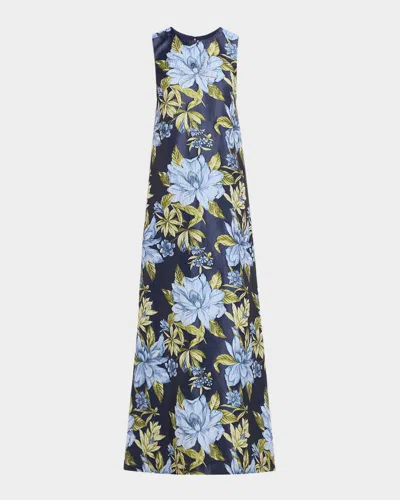 Aidan Mattox Sleeveless Beaded Floral Jacquard Gown In Blue