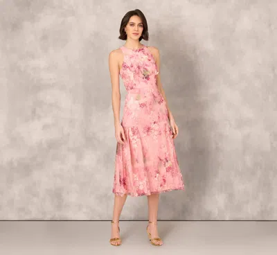 Aidan Mattox Sleeveless Embroidered Side Flounce Midi Dress In Pink Multi