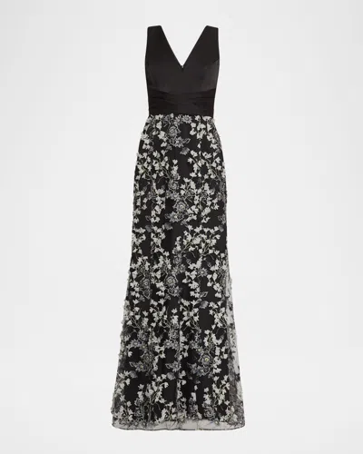 Aidan Mattox Sleeveless Floral-embroidered Gown In Grey Multi