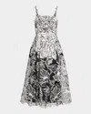 Aidan Mattox Embroidered Organza Midi Dress In Ivory/black