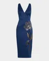 Aidan Mattox Sleeveless Flower-beaded Midi Dress In Blue
