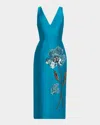 Aidan Mattox Sleeveless Flower-beaded Midi Dress In Blue