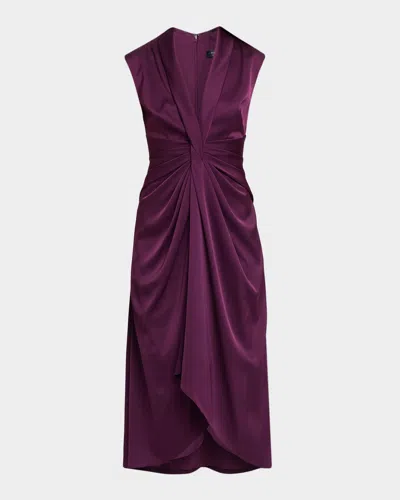 Aidan Mattox Sleeveless Pleated Twist-front Midi Dress In Malbec