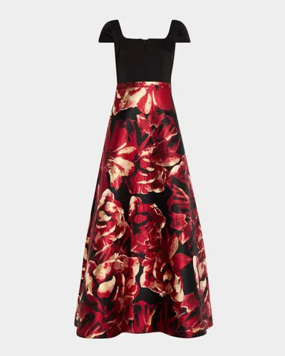 Aidan Mattox Split-neck Floral Jacquard Gown In Black/red Multi