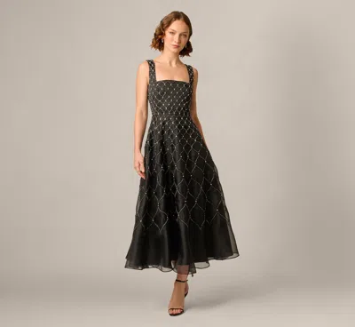 Aidan Mattox Square Neck Latice Beaded Ankle Length Dress In Black In Multi