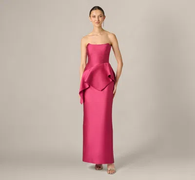 Aidan Mattox Strapless Asymmetrical Peplum Gown In Bright Rose In Pink