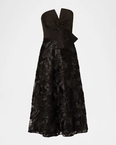 AIDAN MATTOX STRAPLESS BOW-FRONT EMBROIDERED MIDI DRESS