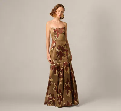 Aidan Mattox Strapless Cat Eye Metallic Floral Brocade Trumpet Gown In Brown Multi