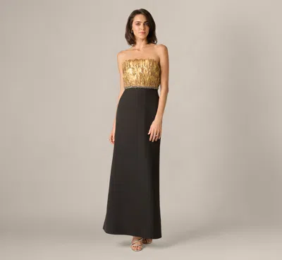 Aidan Mattox Strapless Feather Beaded Combo Gown In Black Gold