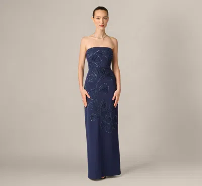 Aidan Mattox Strapless Floral Beaded Soutache Column Gown In Dark Navy In Blue