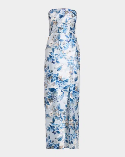 Aidan Mattox Strapless Pleated Floral Jacquard Wrap Gown In Blue Multi