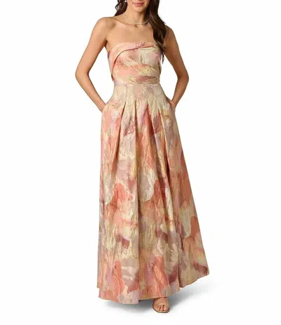 Aidan Mattox Strapless Floral Metallic Jacquard Gown In Coral Multi
