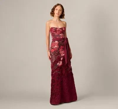 Aidan Mattox Strapless Floral Print Beaded Soutache Hem Gown In Mahogany In Burgundy