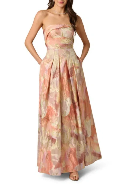 Aidan Mattox Strapless Floral Print Metallic Jacquard Gown In Pink