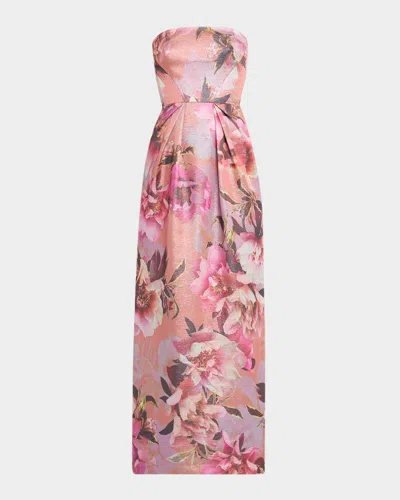 Aidan Mattox Strapless Floral-print Shimmer Gown In Pink