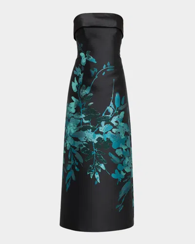 Aidan Mattox Strapless Metallic Botanical Jacquard Maxi Dress In Black